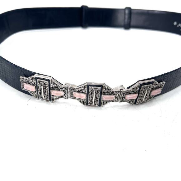 Vintage Judith Lieber Art Noveau Black Snakeskin & Rhinestone Hook Belt 34” Long main image 8